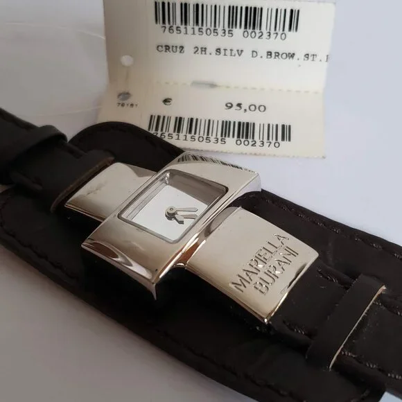 Italy MARIELA BURANI Cross Modernist Watch Silver Black Leather Strap Cruz - Picture 3 of 8